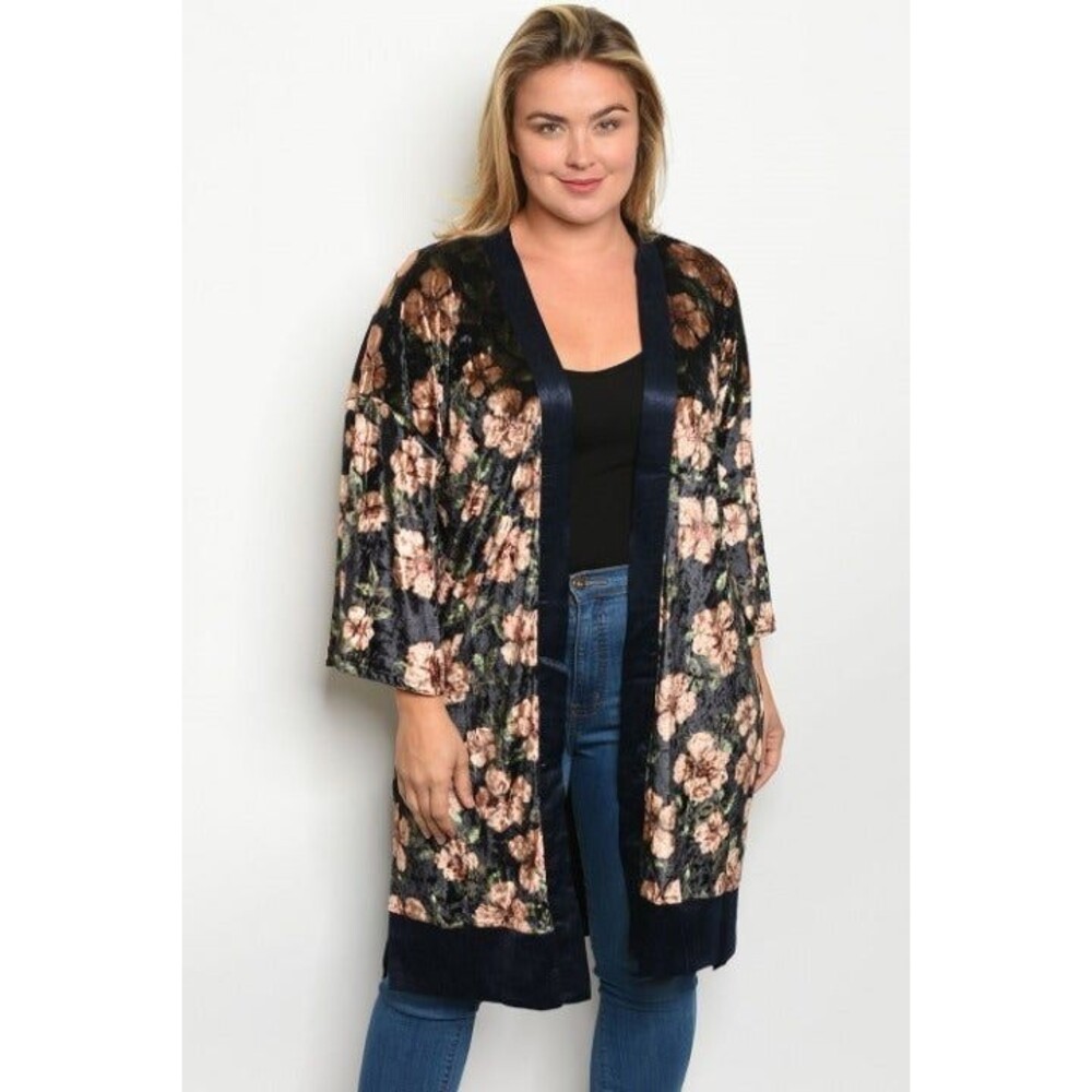 Black Vintage Floral Velvet Kimono Plus Size Cardigan Duster Top Maxi